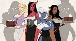 4girls arwen_(cherry-gig) black_hair blonde_hair breasts character_profile character_sheet cherry-gig choker cleavage clothed dark-skinned_female dark_elf dark_skin demon_girl demon_horns dungeons_and_dragons elf elowyn_(cherry-gig) female_only holding holding_tray large_breasts larissa_(cherry-gig) multiple_girls pale-skinned_female pale_skin pointy_ears question_mark red_skin sinafay_(cherry-gig) tankard tattoo tiefling tray white_hair