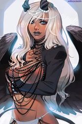 1girls abs angel_wings bead_necklace beads black_wings blonde_hair blue_eyes breasts dark-skinned_female dark_lips dark_lipstick dark_skin demon demon_girl eye_contact female hair_over_one_eye half-closed_eyes horns large_breasts lips lipstick looking_at_viewer midriff necklace necklaces nose_piercing nose_ring original panties platinum_blonde_hair smile smiling smiling_at_viewer solthrys source_request succubus tagme tail text url watermark wings