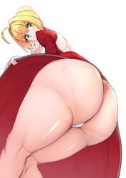 1girls big_ass blonde_hair bottom_heavy dress_lift eye_contact fate/grand_order fate_(series) female green_eyes hair_bun huge_ass huge_thighs large_ass looking_at_viewer looking_down nero_claudius_(fate) pale-skinned_female pale_skin panties pawg sikijou77o skj_77o thick_ass thick_thighs thighs white_background white_panties wide_hips