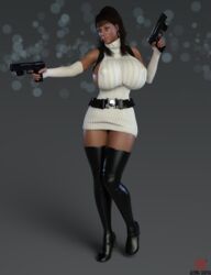 1girls 3d 3d_(artwork) aesmadaeva37 archer_(series) black_boots boots dark-skinned_female dark_skin earrings female female_only gun high_heel_boots high_heels hoop_earrings huge_breasts lana_kane pistol solo thigh_boots waist_belt weapon