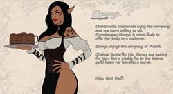 1girls breasts character_profile character_sheet cherry-gig choker cleavage dark-skinned_female dark_elf dark_skin dungeons_and_dragons elf elowyn_(cherry-gig) female female_focus female_only medium_breasts servant solo tattoo wide_hips