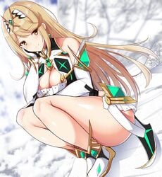 1girls bangs bare_shoulders blonde_hair boots breasts cleavage cleavage_cutout cloud clouds earrings elbow_gloves female fetal_position gem gloves hair_ornament headpiece jewelry large_breasts legs long_hair looking_at_viewer minidress mythra_(xenoblade) nintendo noeomi shadow shiny shiny_skin smile swept_bangs thick_thighs thighs tiara very_long_hair white_gloves xenoblade_(series) xenoblade_chronicles_2 yellow_eyes