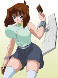 1girls belt big_breasts blue_eyes breasts brown_hair busty cards curvy duel_disk female holding_card huge_breasts large_breasts legwear looking_at_viewer shorts smile tea_gardner thick voluptuous white_legwear yu-gi-oh! yu-gi-oh!_duel_monsters