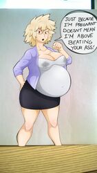 big_ass big_belly big_breasts big_hips black_skirt blonde_hair english_text lactation mature_female milf mitsuki_bakugou mother mr-jolted my_hero_academia no_bra pregnant purple_jacket ready_to_pop red_eyes rolled_up_sleeves short_hair short_skirt text white_shirt