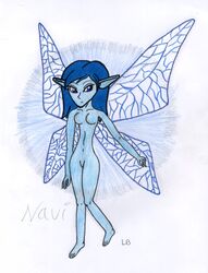 blue_eyes blue_hair blue_skin breasts fairy fairy_wings naked navi nintendo nude nudity pointy_ears the_legend_of_zelda traditional_media_(artwork)