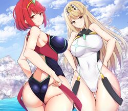 2girls adjusting_clothes adjusting_swimsuit ass back back_cutout bangs bare_shoulders big_ass black_swimsuit blonde_hair blue_sky blush breasts closed_mouth cloud colored_stripes covered_collarbone covered_navel cowboy_shot curvy day diagonal_stripes dual_persona dutch_angle earrings emerald_(gemstone) eyebrows_visible_through_hair female_focus from_behind gem gluteal_fold gradient_hair groin hair_ornament halterneck hand_on_hip highres jewelry large_breasts legs_together light_brown_hair light_smile long_hair looking_at_viewer looking_back matching_hair/eyes multicolored_hair multiple_girls mythra nintendo noeomi one-piece_swimsuit outdoors presenting_hindquarters pyra raised_eyebrows red_eyes red_hair rock short_hair sidelocks skindentation sky smile standing straight_hair strap striped striped_swimsuit swept_bangs swimsuit thick_thighs thighs tiara turtleneck twisted_torso very_long_hair water white_swimsuit wide_hips xenoblade_(series) xenoblade_chronicles_2 yellow_eyes