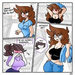 2020 2girls absurdres anor3xia big_ass bimbo blush bottomless bubble_ass bubble_butt cleavage comic crying dialogue embarrassed english_text highres huge_ass huge_breasts jaiden jaiden_animations jaidenanimations large_breasts library page_20 pants_pull shgurr shirt_lift tank_top text text_box thick_ass thick_thighs thighs undressing what wide_hips youtube youtuber