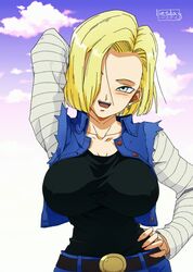 1girls android_18 blonde_hair blue_eyes cleavage curvy dragon_ball erect_nipples female huge_areolae huge_breasts liesday puffy_nipples short_hair thick_lips voluptuous