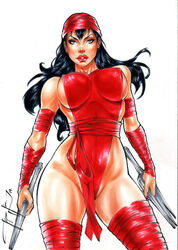 1girls 2019 arm_band arm_bands bandages big_breasts black_hair blue_eyes breasts busty cowboy_shot daredevil_(series) dated ed_benes_studio elektra_natchios eye_contact eyeshadow female female_only from_below front_view holding_knife holding_weapon human jeferson_lima knife large_breasts leotard lipstick long_hair looking_at_viewer makeup marvel marvel_comics mascara partially_visible_nipples pinup red_clothing red_leotard red_lips red_lipstick red_sash red_thighhighs sais sash sideboob signature solo superheroine thighhighs thighs weapon