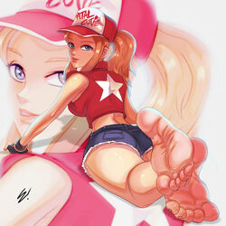 ass barefoot blonde_hair canon_genderswap cap fatal_fury feet female hat looking_back rule_63 scamwich soles solo terry_(snk_heroines:_tag_team_frenzy) terry_bogard toes