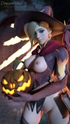 1girls 3d alternate_costume areolae blender blizzard_entertainment breasts dreamrider female female_only halloween mercy nipples overwatch pumpkin pussy solo thighhighs wings witch_hat witch_mercy