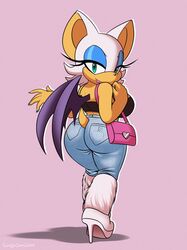 1girls animal_ears anthro ass bat_wings big_ass blue_eyes boots breasts denim eyeshadow from_behind fur_boots furry high_heels huge_ass jeans large_breasts looking_at_viewer looking_back makeup midriff omegasunburst pants purse rouge_the_bat smile solo sonic_(series) tail tight_jeans tight_pants wide_hips wings