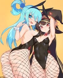 2girls aqua_(konosuba) armpits ass big_ass blue_hair breasts bunnysuit cleavage female female_only fishnet fishnet_legwear fishnet_stockings fishnets jtveemo kono_subarashii_sekai_ni_shukufuku_wo! looking_at_viewer looking_back megumin no_nude tagme