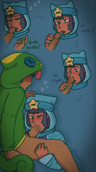 2boys aged_up blowjob blue_eyes bottomless brawl_stars cock_gobble cock_hungry cum_hungry cum_in_mouth cum_inside fellatio gay giving_head going_down_on hand_on_head holding_penis hood hoodie legs_held_open leon_(brawl_stars) licking_penis male male_only mouthful one_eye_closed precum_bubble purple_hair sandy_(brawl_stars) sleeping snapping_fingers spread_legs sucking_off tongue_out unexpected404 veiny_penis waking_up yaoi