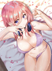 1girls bangs bed blue_eyes bra breasts cleavage eyebrows_visible_through_hair female female_only flower_petals go-toubun_no_hanayome hair headphones headphones_around_neck large_breasts lying_on_back nakano_miku red_hair side-tie_panties solo_female sunhyun thigh_gap untied_panties