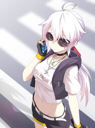 ahoge belt black_choker black_gloves black_jacket black_shorts blue_eyes blurry breasts choker clothes_writing collarbone cowboy_shot crop_top crosswalk depth_of_field facial_mark female female_only fingerless_gloves gloves groin hair_between_eyes heart highres holding jacket jewelry long_hair looking_at_viewer low_ponytail medium_breasts midriff navel necklace open_clothes open_jacket original oywj phone shirt short_shorts short_sleeves shorts sidelocks sleeveless sleeveless_jacket solo standing stomach sunglasses tinted_eyewear v-shaped_eyebrows white_hair white_shirt