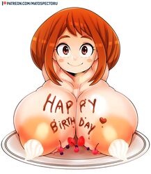 1girls alternate_breast_size artist_name big_breasts breast_rest breasts brown_hair bust bust_style busty carried_breast_rest chocolate cleavage english_text female female_only food_on_breasts hair huge_breasts large_breasts light-skinned_female light_skin matospectoru my_hero_academia ochako_uraraka patreon solo strawberry text url watermark whipped_cream