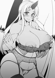 1girls abs areolae ass black_and_white blush breasts bursting_breasts cleavage clitoris dark-skinned_female elakan eye_contact giantess horn huge_breasts lingerie long_hair looking_at_viewer monochrome monster_girl monster_musume_no_iru_nichijou mostly_nude muscular muscular_arms muscular_female nipples oni pussy solo thick_thighs tionishia wide_hips