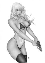 1girls 2019 avengers:_infinity_war belly_button big_breasts black_and_white black_bra black_panties black_thighhighs black_thong black_widow_(marvel) bra breasts busty cleavage cowboy_shot dated ed_benes_studio eye_contact female female_only gun holding_gun holding_weapon human large_breasts lipstick looking_at_viewer mark_eugene marvel marvel_cinematic_universe marvel_comics midriff monochrome natasha_romanoff navel panties pinup signature solo standing stomach thighhighs thighs thong weapon