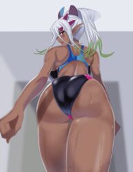 1girls animated ass ass_focus back_view big_ass breasts bubble_butt dark-skinned_female dark_elf dark_skin dat_ass elf female female_only freckles from_behind gif hips looking_at_viewer looking_back low-angle_view mi_mi_ham one-piece_swimsuit original pointy_ears ponytail solo sweat swimsuit thick_thighs thighs two_tone_hair walking wet white_hair wide_hips