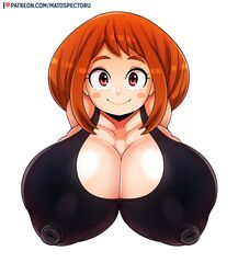 1girls alternate_breast_size artist_name big_breasts breasts brown_hair bust bust_style busty cleavage clothing female female_only hair huge_breasts large_breasts light-skinned_female light_skin matospectoru my_hero_academia nipple_bulge ochako_uraraka patreon solo url watermark