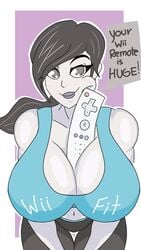 1girls bedroom_eyes bent_over between_breasts big_breasts black_hair breasts cleavage crop_top dialogue grey_eyes huge_breasts innuendo large_breasts leaning_forward lips looking_at_viewer midriff navel nintendo paizuri ponytail smile smiling smiling_at_viewer thigh_gap thighs white_skin wii wii_fit_trainer wii_remote wiimote yoga_pants