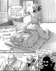 anal anal_sex black_and_white borderlands bound bound_wrists brick_(borderlands) comic forced_yaoi gag gagged gay male_only mordecai_(borderlands) rape restrained yang yaoi