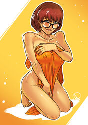 1girls bare_shoulders barefoot brown_hair feet female female_only full_body ganassa glasses hair hanna-barbera looking_at_viewer naked_towel nipple_bulge nude orange_background orange_towel pokies scooby-doo short_hair solo solo_female toenails toes towel velma_dinkley warner_brothers