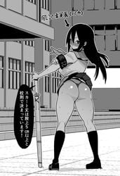 ass beruzenefu black_hair female g-string katana long_hair monochrome outdoor school_uniform schoolgirl sweat thong velzhe