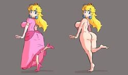 1girls ass big_breasts bikini blonde_hair blue_eyes clothed dress female female_only full_body fully_clothed fupoo huge_ass looking_back mario_(series) nintendo princess_peach sling_bikini solo thong