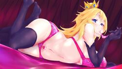 1girls big_breasts black_gloves blonde_hair blue_eyes elbow_gloves exxe_mkii feet_up female female_only gloves lingerie long_hair looking_at_viewer lying mario_(series) nintendo princess_peach pubic_tattoo solo thighhighs