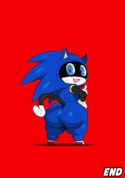 ass big_butt black_fur blue_eyes cat_tail costume feline finger_waving gloves hand_on_ass head_turn hedgehog male_only mask morgana_(persona) persona persona_5 red_background sega sonic_(series) sonic_the_hedgehog sssonic2