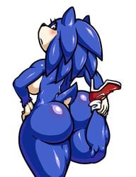 anthro ass big_butt blue_hair blush breasts clothing eulipotyphlan female footwear furry genderswap hair hedgehog hi_res high_heels large_ass lollipopcon looking_at_viewer looking_back mammal naked_footwear nude plump plump_ass rule_63 sega shoes shortstack side_boob simple_background solo_focus sonic_(series) sonic_the_hedgehog sonic_the_hedgehog_(film) sonique_the_hedgehog stretching thick_thighs ugly_sonic white_background