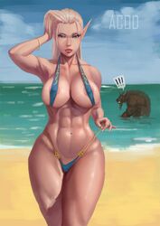 1boy 1girls abs acod beach big_breasts bikini blonde_hair blood_elf breasts clothing elf female hair large_breasts long_hair male pointy_ears tauren thighs video_games warcraft watermark world_of_warcraft