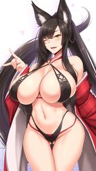 1girls akitsuki_karasu animal_ears areola areola_slip ass_visible_through_thighs bangs bare_shoulders black_hair blush breasts cleavage covered_nipples eyebrows_visible_through_hair fangs female fox halter_top halterneck heart high_ponytail huge_breasts japanese_clothes kimono kitsune lips long_hair maman_(shuugetsu_karasu) mole mole_under_eye navel nipple_bulge off_shoulder open_kimono open_mouth original red_kimono sidelocks skindentation sling_bikini smile swimsuit thigh_gap very_long_hair wide_hips wink