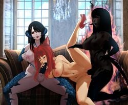 1girls 2futas au_ra balls black_hair black_sclera blowjob breasts clone couch daeriion_aeradiir dark_side double_penetration fellatio female final_fantasy final_fantasy_xiv futa_on_female futanari glowing_eyes hand_on_breast heels high_heels horns indoors intersex large_breasts leg_up lying maria_arvana miqo'te naked_footwear naked_heels nipples nude oral_sex penis pussy red_eyes red_hair scaled_penis scales sex spitroast spread_legs tail threesome uliel vaginal_penetration xaela