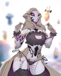 2d 2d_(artwork) breasts cat_ears cat_keyhole_bra cat_lingerie cat_panties compact_body cyborg female female_only hijab hood partially_clothed robot side-tie_panties solo stockings thick_legs thick_thighs warframe wisp_(warframe) zilvtree