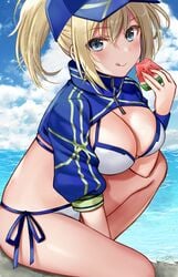 artoria_pendragon baseball_cap bikini blonde_hair blue_eyes blue_hat breasts cleavage clouds cropped_jacket fate/grand_order fate_(series) food fruit hair_between_eyes hair_through_headwear hat hijiri_ruka holding holding_food large_breasts mysterious_heroine_xx_(foreigner) ocean ponytail seiru_(prairie) seiru_775 shrug_(clothing) side-tie_bikini sitting sky swimsuit watermelon white_bikini wristband zipper_pull_tab