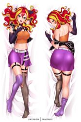 ass belly_button belt dakimakura draltruist equestria_girls female gloves human humanized looking_at_viewer looking_back my_little_pony nail_polish open_mouth skirt smiling socks solo sunset_shimmer thighhighs