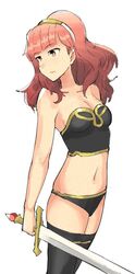 1girls alternate_costume belly_button black_clothing black_panties brozoco celica_(fire_emblem) crop_top female fire_emblem fire_emblem_echoes:_shadows_of_valentia fire_emblem_gaiden fire_emblem_warriors freckles headband long_hair midriff navel nintendo official_alternate_costume panties red_hair redhead solo source_request sword underwear