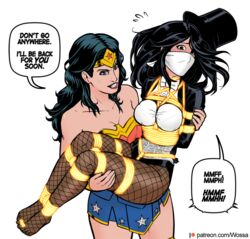 2girls arms_behind_back bdsm black_hair blue_eyes bondage bondage_harness bound bound_breasts bound_toes breasts carrying color comic crotch_rope dc_comics dialogue diana_prince english_text feet female female_only femdom femsub fishnets fully_clothed gag gagged_speech human human_only justice_league lasso_of_truth legs legs_tied lezdom multiple_girls over_the_nose_gag pantyhose rope rope_between_breasts rope_bondage rope_harness shoes_removed speech_bubble submissive_female text thighs tied_toes tied_up toes wonder_woman wonder_woman_(series) wossarem yuri zatanna zatanna_zatara