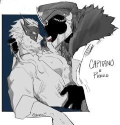 2boys bara black_hair capitano_(genshin_impact) chipbee cleavage clothed gay genshin_impact imminent_sex long_hair lowres male_only mask monochrome muscle muscles muscular muscular_male old_man_yaoi older_male pierro_(genshin_impact) white_hair yaoi