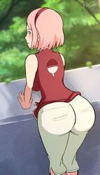 1girls bare_arms bare_calves bare_shoulders bent_over big_ass blush boruto:_naruto_next_generations bubble_butt calves diogio female female_only green_eyes headband large_ass mature mature_female milf naruto naruto_(series) outdoors outside pink_hair pose posing sakura_haruno solo solo_female solo_focus standing tight_clothing tight_fit tight_pants