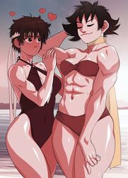 2girls abs bare_arms bare_legs bare_shoulders beach biceps bikini black_hair breasts brown_hair busty capcom cleavage cleavage_cutout closed_eyes clothed clothed_female clothes clothing eyelashes eyeliner female female_focus female_only flexing headband makoto_(street_fighter) medium_breasts muscular muscular_female muscular_legs navel one-piece_swimsuit one_piece_swimsuit pinup pose posing sakura_kasugano scarf short_hair small_breasts standing street_fighter swimsuit tagme thick_thighs tomboy triplexmile wide_hips yuri