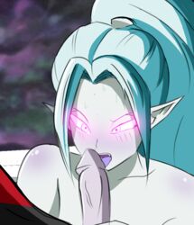 alien blush clothed clothing dragon_ball dragon_ball_super fellatio female glowing_eyes jiren licking licking_penis long_hair male oral penis pointy_ears scary shoulders tied_hair tongue tongue_out unknown_artist vikal white_skin