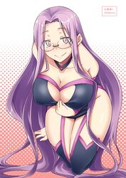 1girls breasts cleavage cleavage_cutout collar dress fate/stay_night fate_(series) glasses kneel large_breasts legs long_hair medusa_(fate) purple_eyes purple_hair smile thighhighs thighs very_long_hair wide_hips zanku