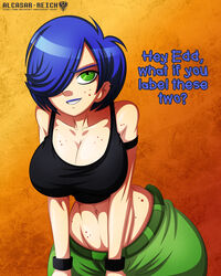 1girls alcasar-reich blue_hair bob_cut breasts cleavage dialogue ed_edd_n_eddy english_text female female_only freckles green_eyes hair_over_one_eye kanker_sisters large_breasts lipstick marie_kanker midriff navel short_hair tank_top text