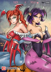 2girls cassie_(paladins) cleavage clothing cosplay darkstalkers elf green_eyes hi-rez_studios lilith_aensland_(cosplay) morrigan_aensland_(cosplay) navel paladins purple_eyes purple_hair skye_(paladins) small_breasts thighhighs underboob yhw