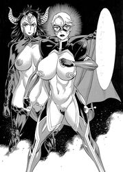 2girls athletic_female bikini_armor huge_breasts long_hair mature_female monochrome short_hair superheroine tamaki_nozomu topless