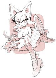 2019 anthro bat bat_wings blush blush cleavage fishnets gloves heels large_breasts looking_at_viewer makeup misswerehog rouge_the_bat short_hair sketch sonic_(series) white_fur wide_hips